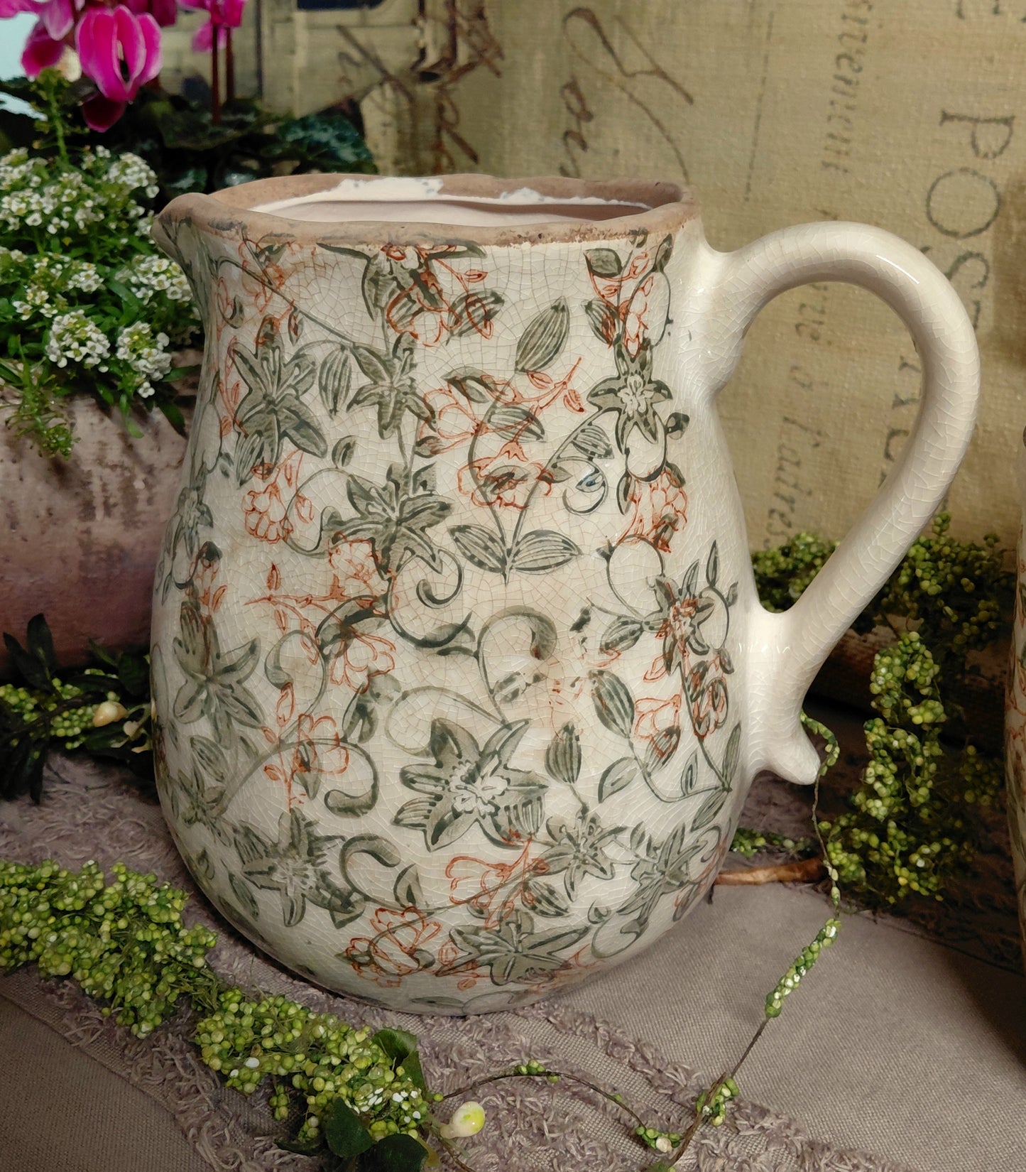 Tuscan Rose Ceramic Floral Scroll Design Jug