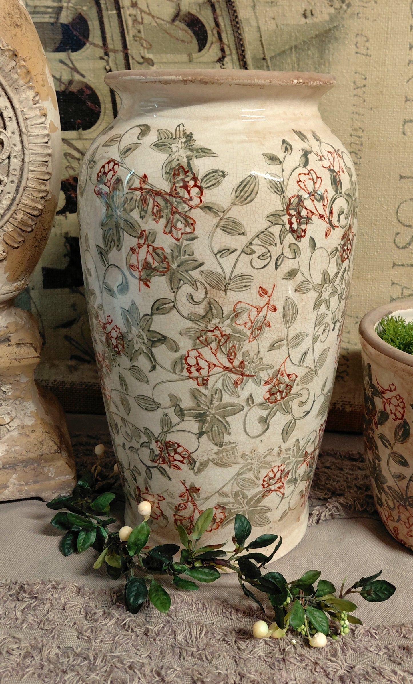 Tuscan Rose Hand Painted Floral Ceramic Vase